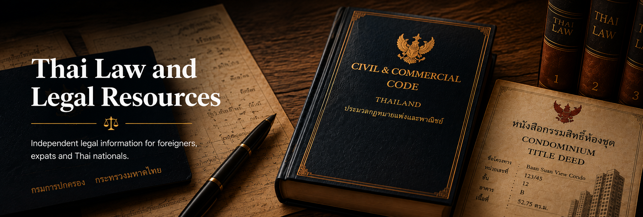 Thai law books, legal documents and Thai property title deed